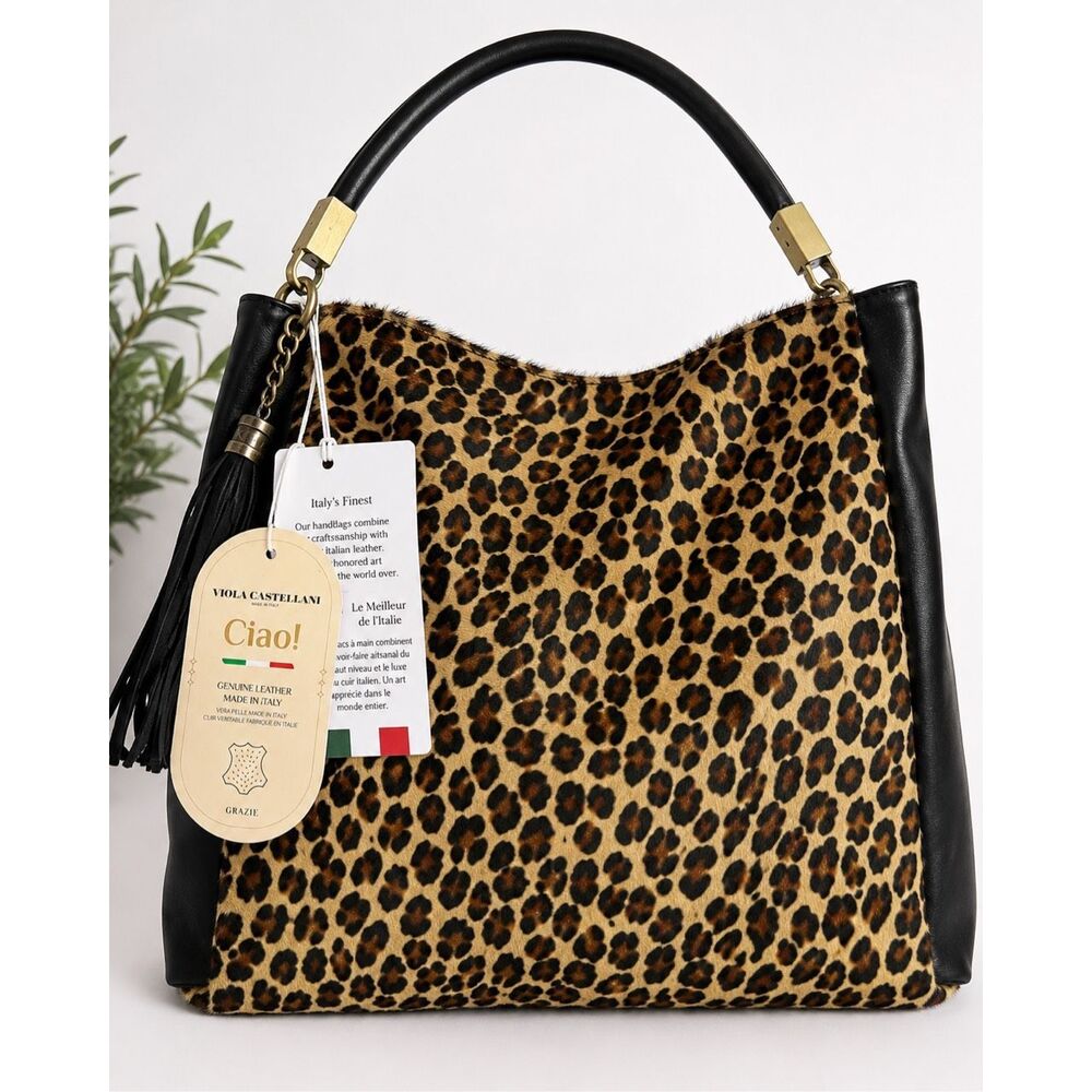 Viola Castellani Italy Leopard Calf Hair Leather Hobo Bag NWT Tassel Black